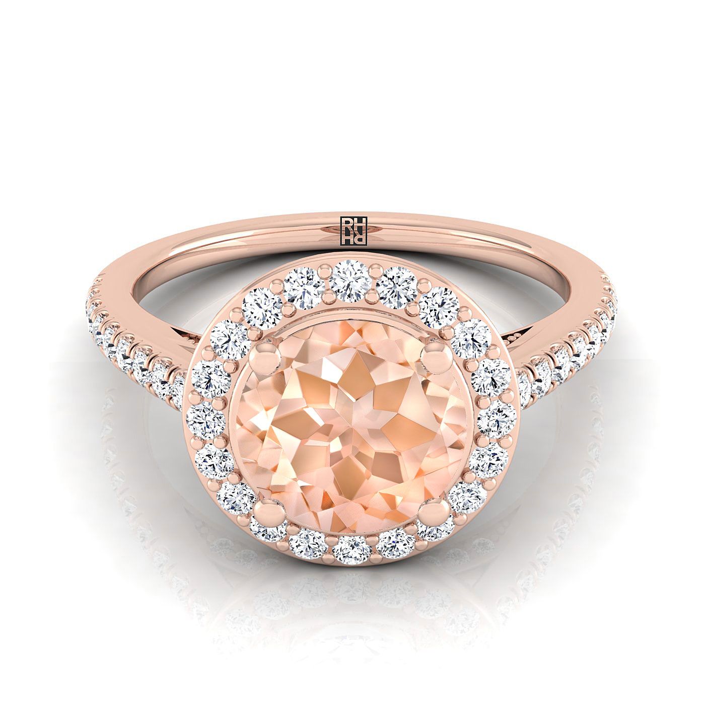 14K Rose Gold Round Brilliant Morganite French Pave Halo Secret Gallery แหวนหมั้นเพชร -3/8ctw