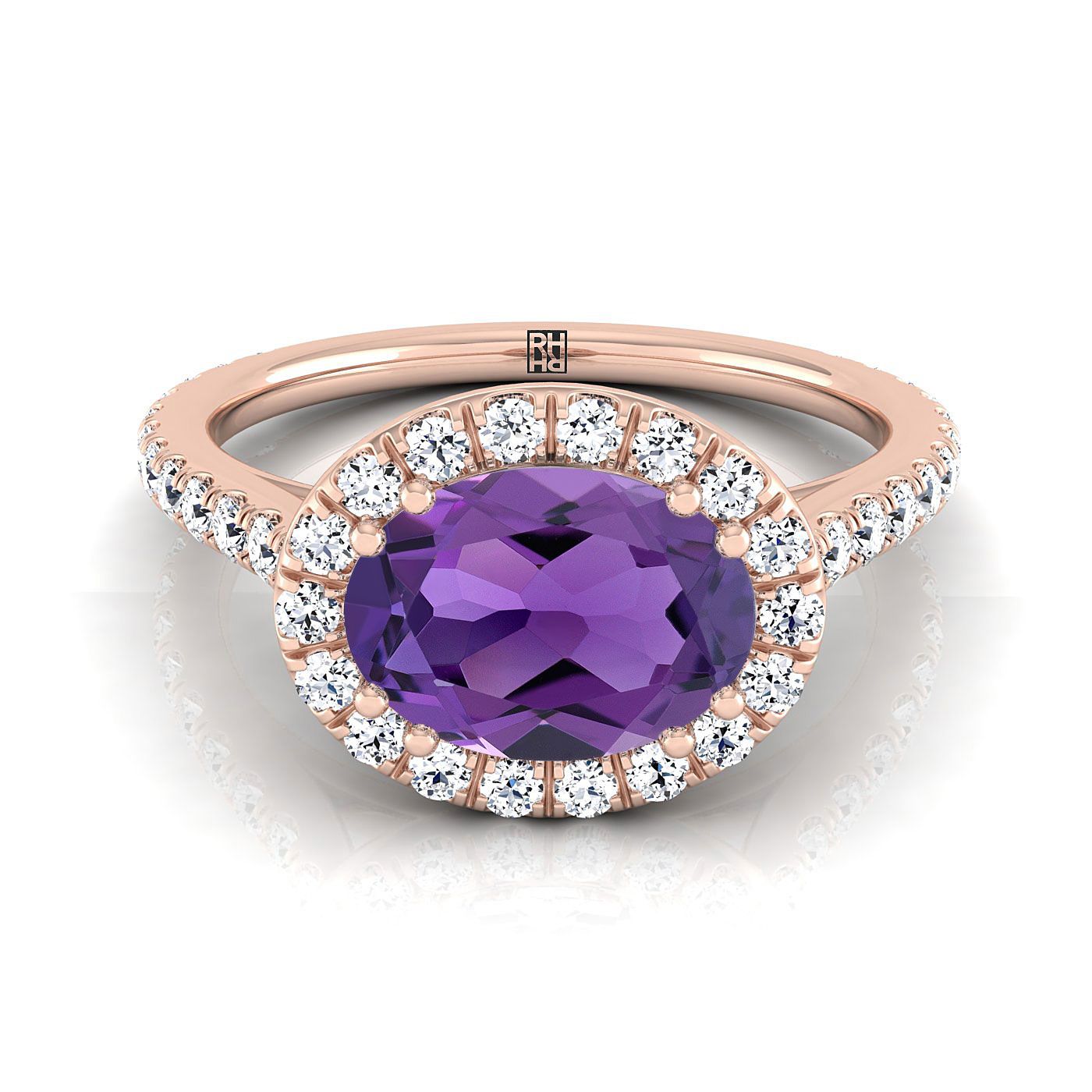 14K Rose Gold Oval Amethyst แนวนอนแฟนซี East West Diamond Halo แหวนหมั้น -1/2ctw