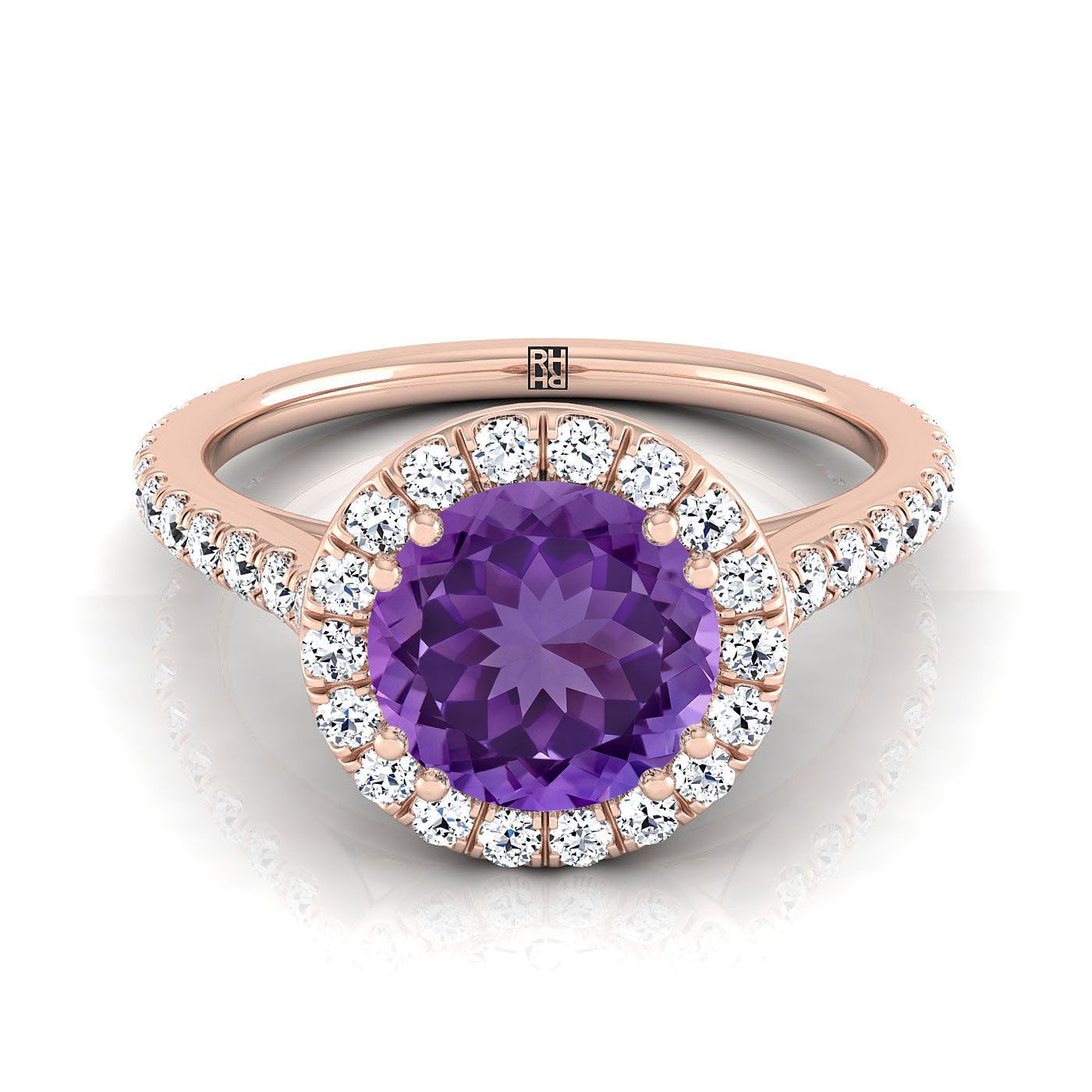 14K Rose Gold Round Brilliant Amethyst แนวนอนแฟนซี East West Diamond Halo แหวนหมั้น -1/2ctw