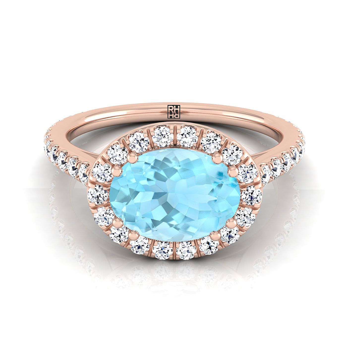 14K Rose Gold รูปไข่ Aquamarine แนวนอนแฟนซี East West Diamond Halo แหวนหมั้น -1/2ctw