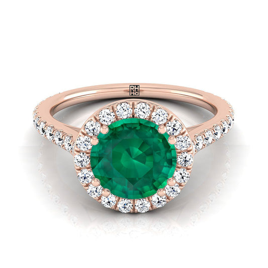 14K Rose Gold Round Brilliant Emerald แนวนอนแฟนซี East West Diamond Halo แหวนหมั้น -1/2ctw