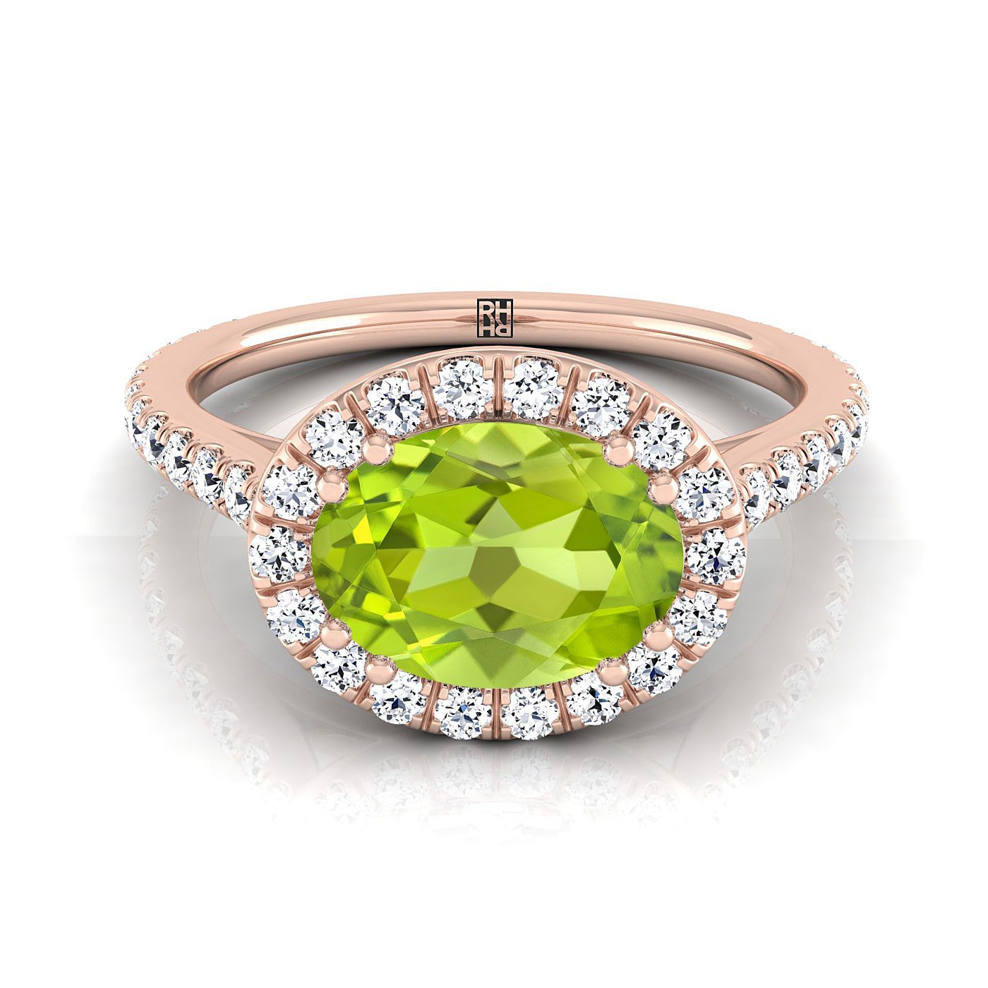 14K Rose Gold Oval Peridot แนวนอนแฟนซี East West Diamond Halo แหวนหมั้น -1/2ctw