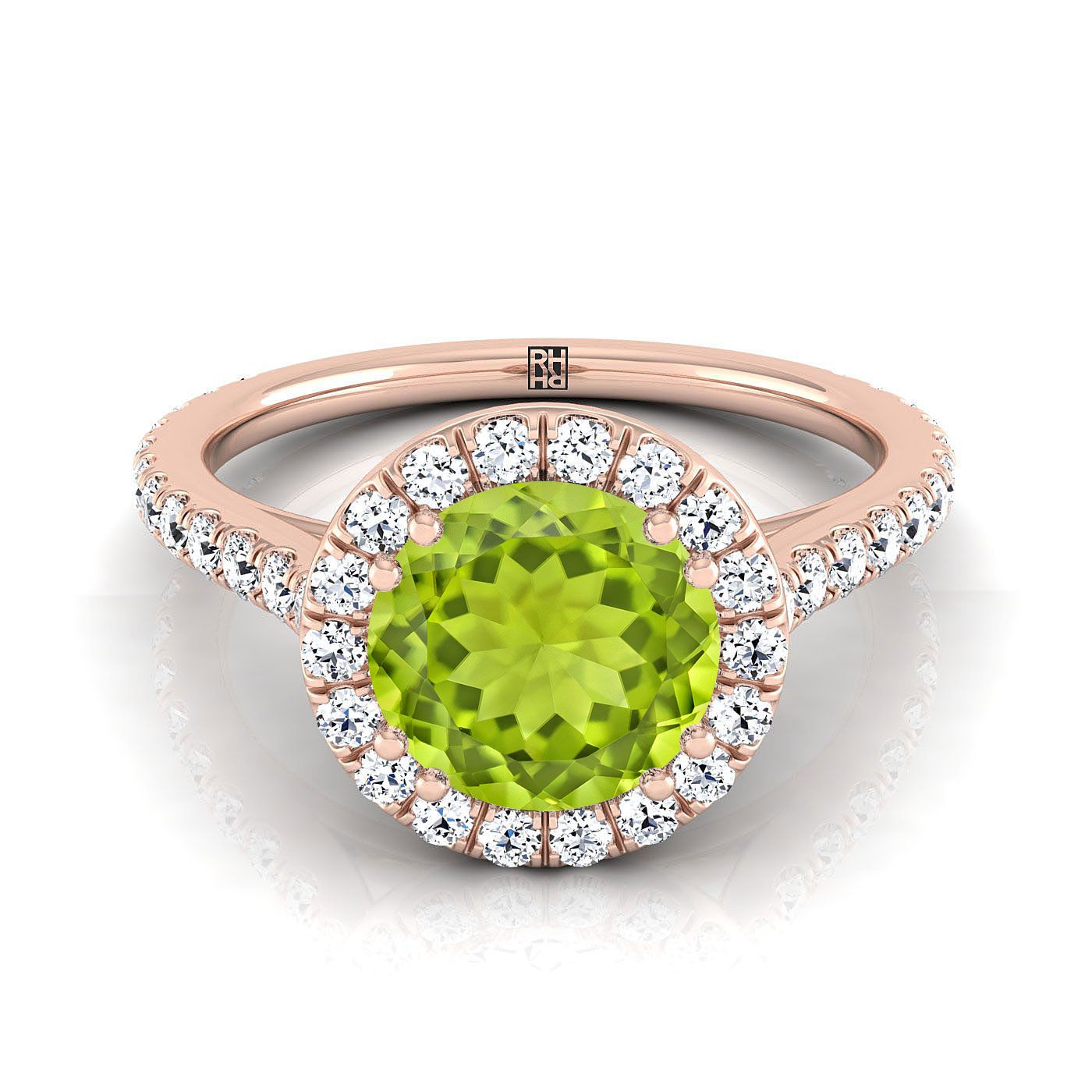 14K Rose Gold Round Brilliant Peridot แนวนอนแฟนซี East West Diamond Halo แหวนหมั้น -1/2ctw