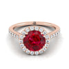 14K Rose Gold Round Brilliant Ruby แนวนอนแฟนซี East West Diamond Halo แหวนหมั้น -1/2ctw