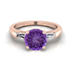 14K Rose Gold Round Brilliant Amethyst สามหินเรียว Baguette แหวนหมั้น -1/5ctw