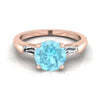 14K Rose Gold Round Brilliant Aquamarine สามหินเรียวแหวนหมั้น Baguette -1/5ctw