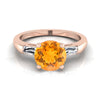 14K Rose Gold Round Brilliant Citrine สามหินเรียวแหวนหมั้น Baguette -1/5ctw