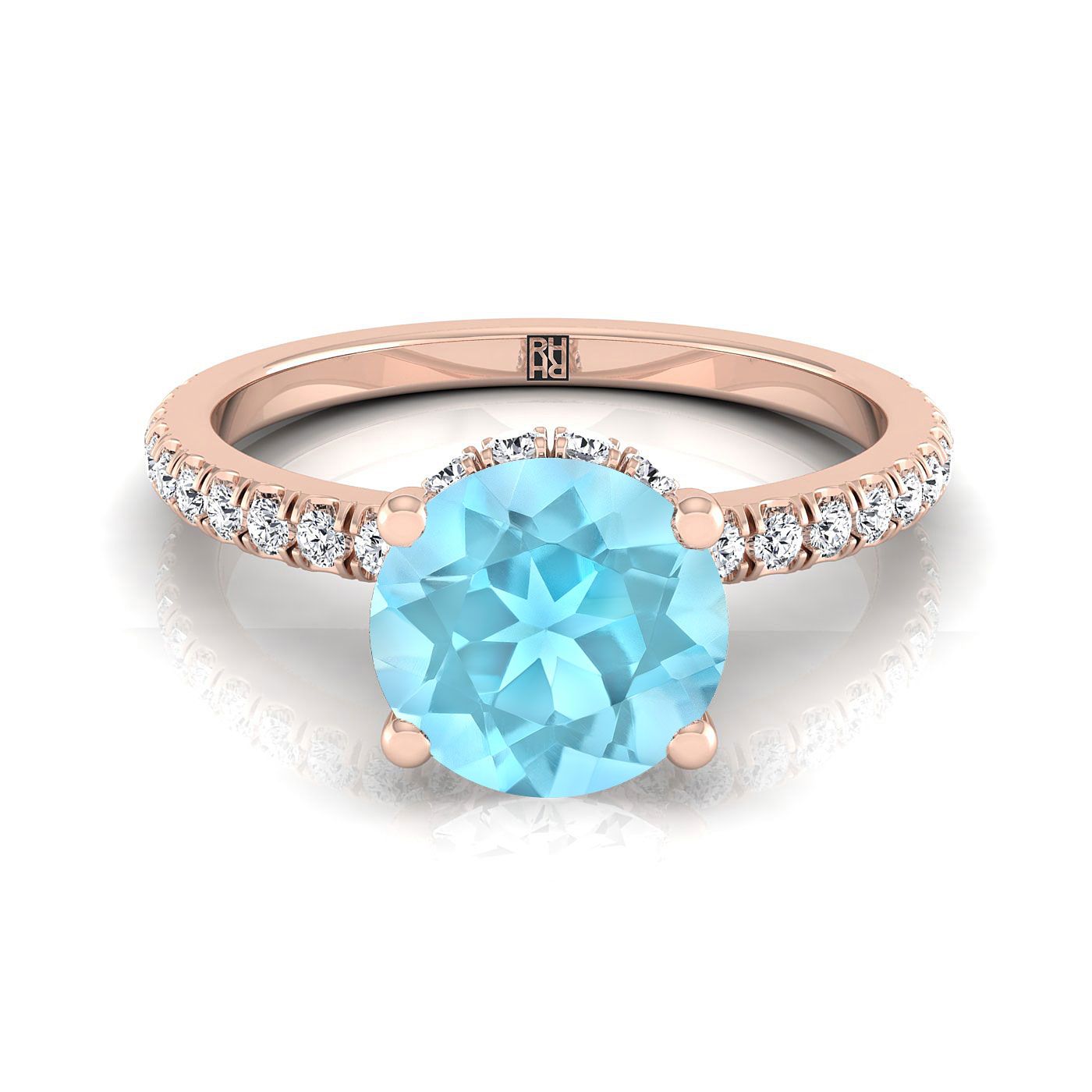 14K Rose Gold Round Brilliant Aquamarine Secret Diamond Halo French Pave Solitaire แหวนหมั้น -1/3ctw