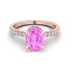 14K Rose Gold รูปไข่ Pink Sapphire Secret Diamond Halo French Pave Solitaire แหวนหมั้น -1/3ctw