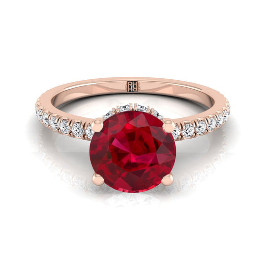 14K Rose Gold Round Brilliant Ruby Secret Diamond Halo French Pave Solitaire แหวนหมั้น -1/3ctw