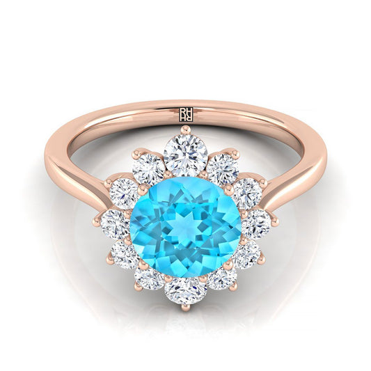 14K Rose Gold Round Brilliant Swiss Blue Topaz ดอกไม้เพชร Halo แหวนหมั้น -1/2ctw