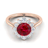 14K Rose Gold Round Brilliant Ruby Floral Diamond Halo Engagement Ring -1/2ctw