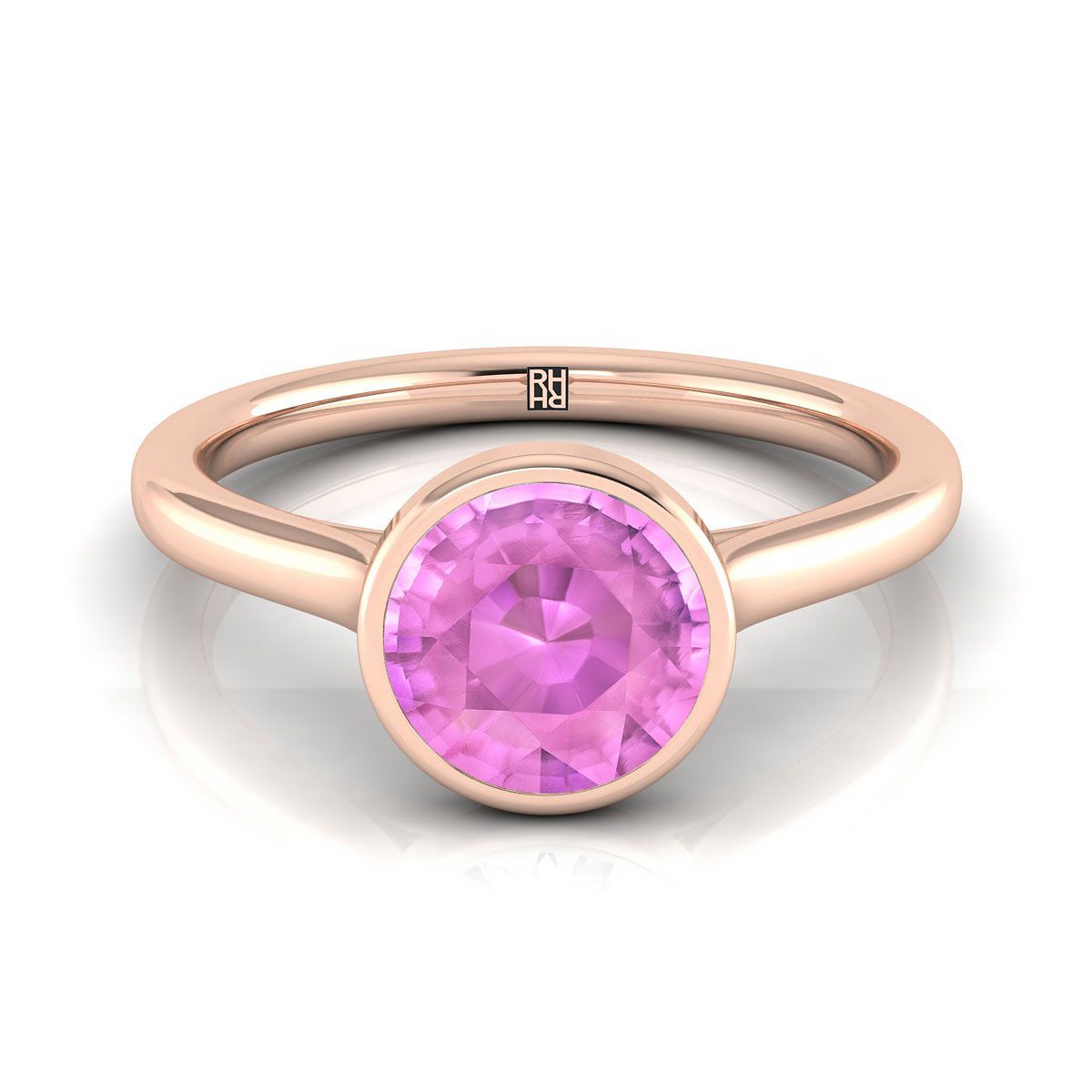 14K Rose Gold Round Brilliant Pink Sapphire Simple Bezel Solitaire แหวนหมั้น