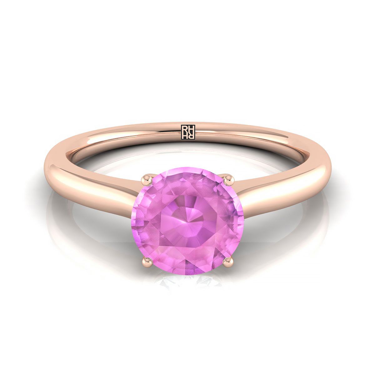 14K Rose Gold Round Brilliant Cathedral Solitaire แหวนหมั้นหินลับสุดเซอร์ไพรส์