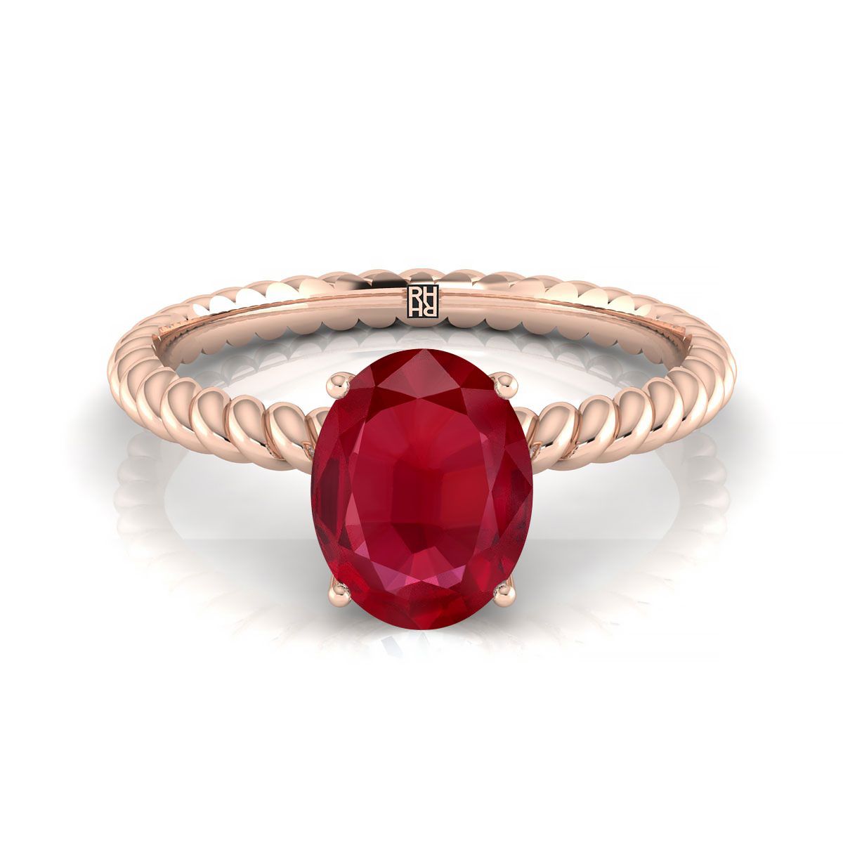 14K Rose Gold Oval Ruby Twisted Rope Solitaire พร้อมแหวนหมั้นเพชรเซอร์ไพรซ์