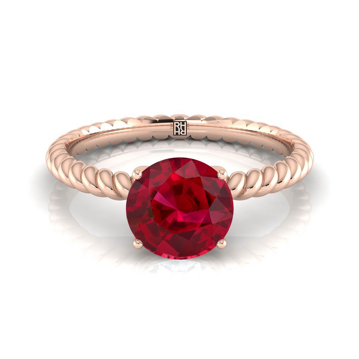 14K Rose Gold Round Brilliant Ruby Twisted Rope Solitaire พร้อมแหวนหมั้นเพชรเซอร์ไพรซ์