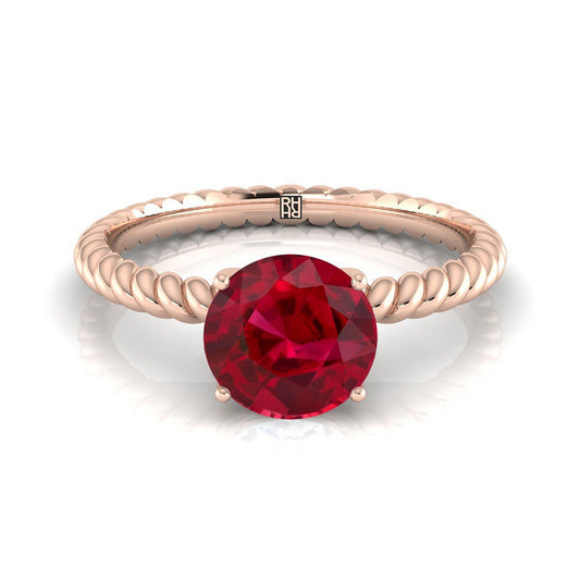 14K Rose Gold Round Brilliant Ruby Twisted Rope Solitaire พร้อมแหวนหมั้นเพชรเซอร์ไพรซ์