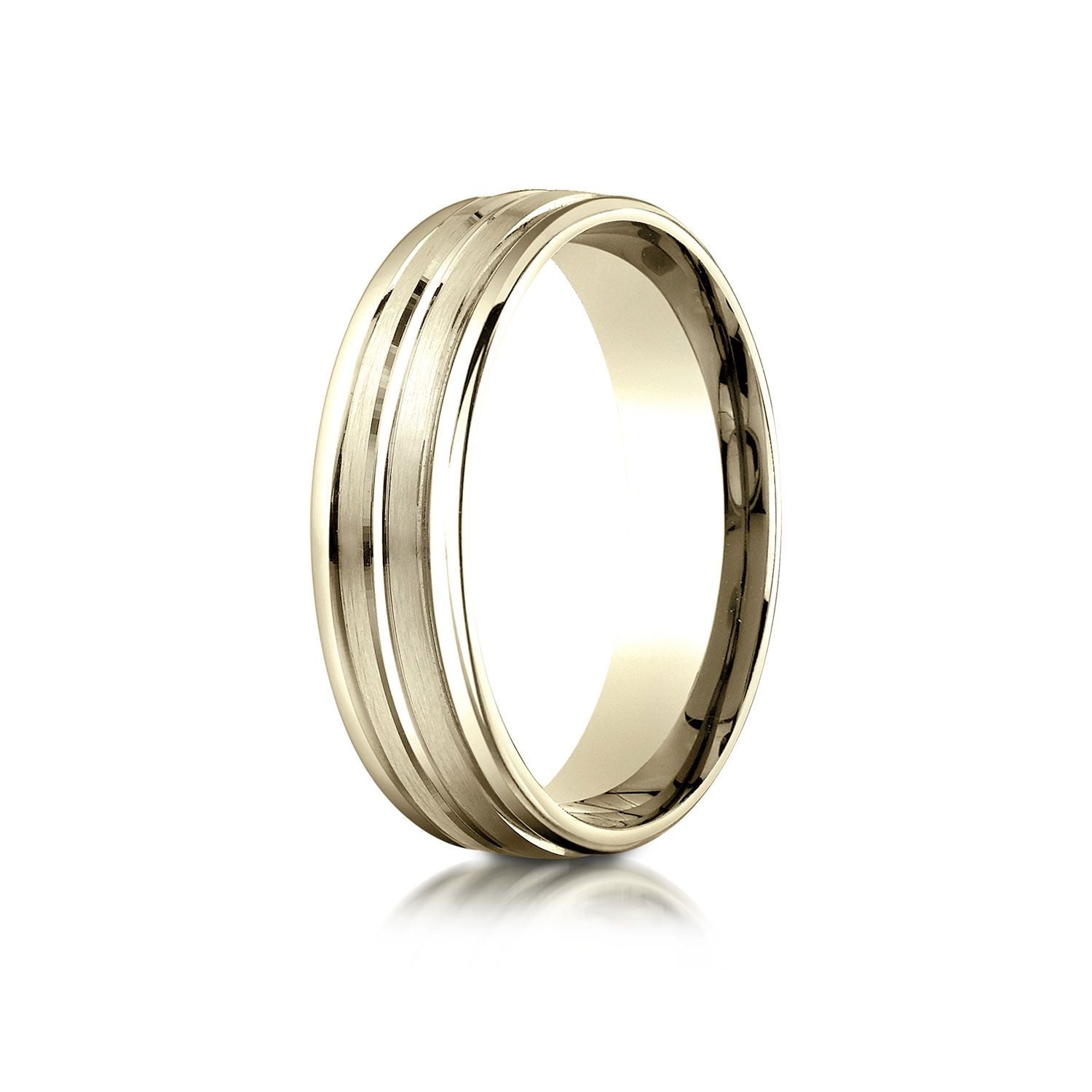 14k Yellow Gold 6mm Comfort-fit Satin-finished High Polished Center Trim And Round Edge Carved Design Band