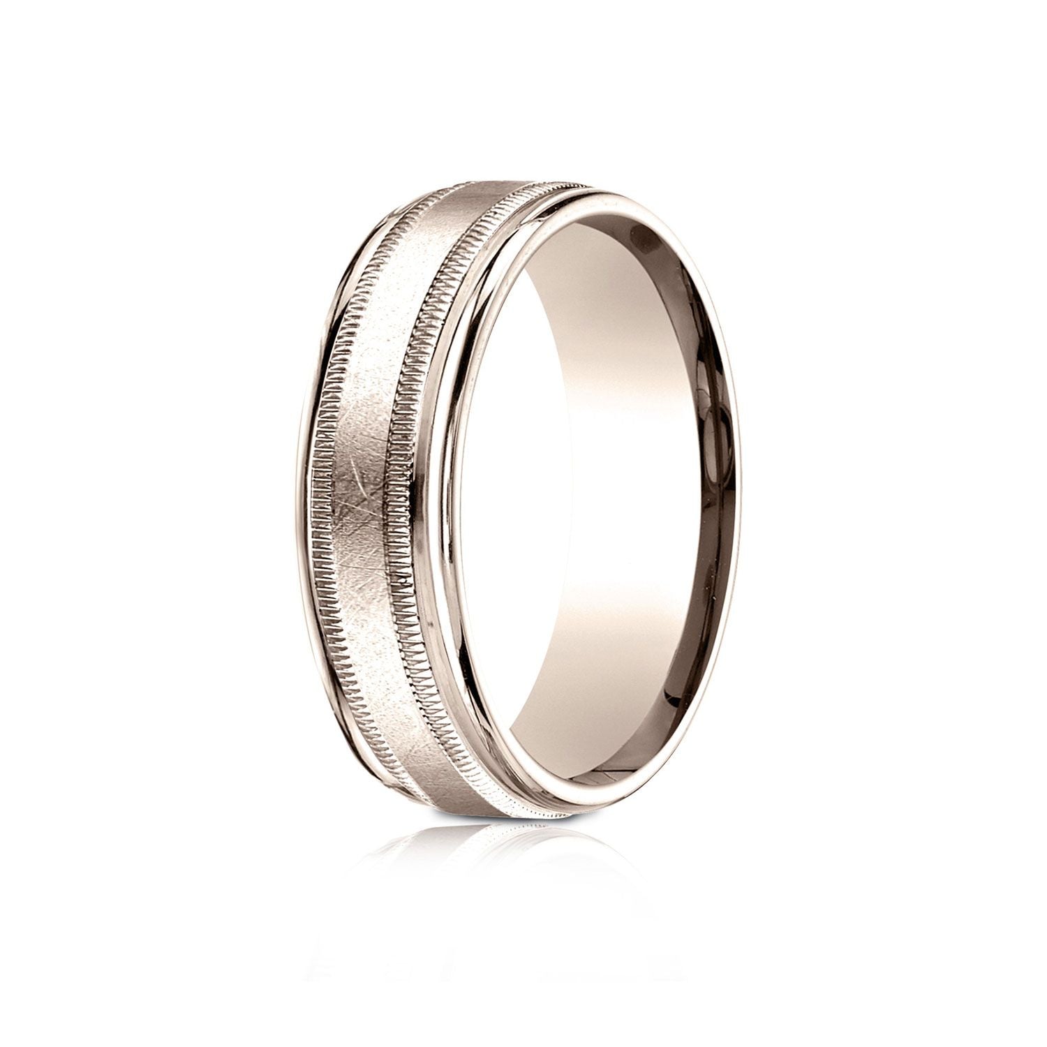 14k Rose Gold 7mm Comfort-fit Swirl Finish Center Milgrain Round Edge Carved Design Band