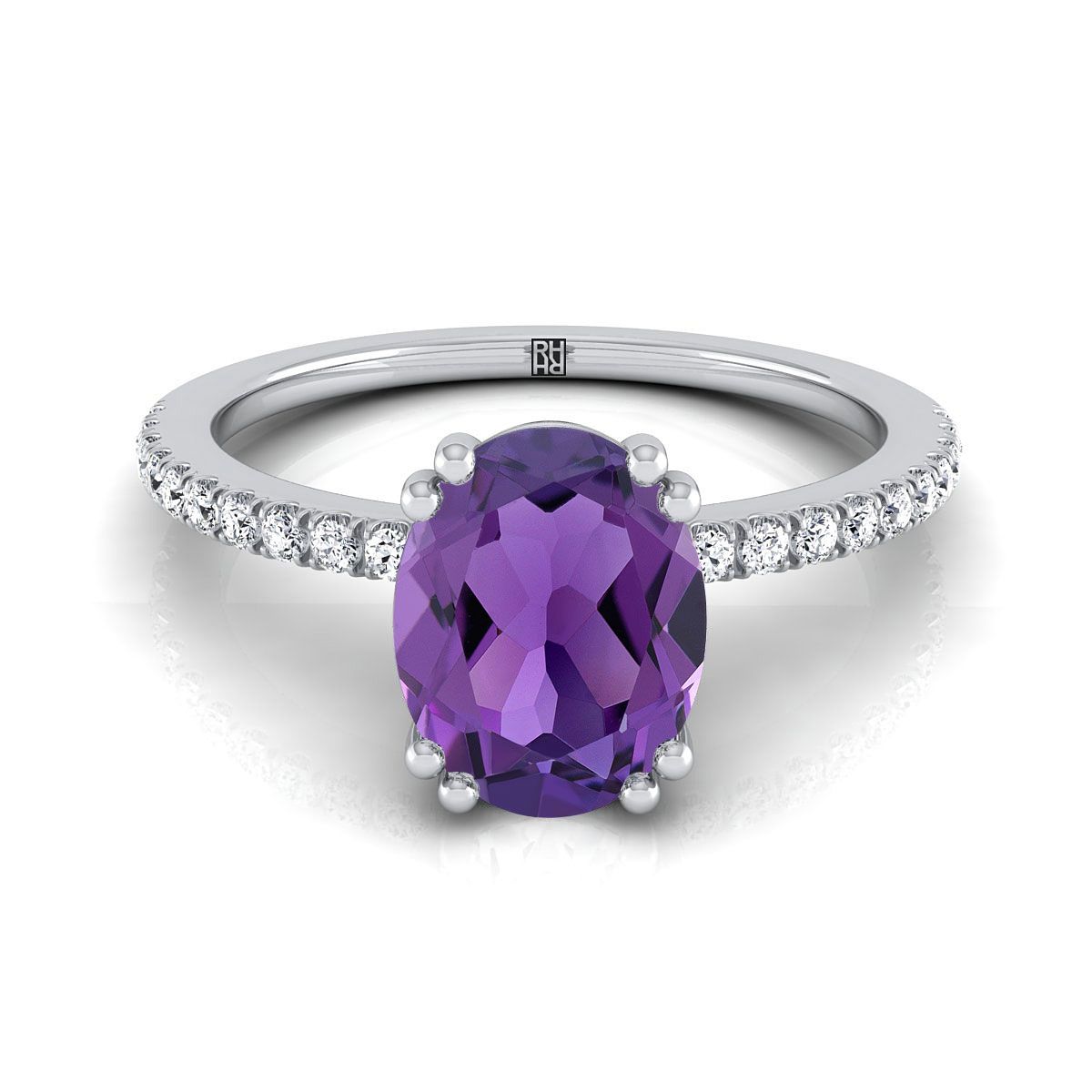 18K สีขาวทองรูปไข่ Amethyst Simple French Pave Double Claw PRONG แหวนหมั้นเพชร -1/6ctw