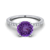 18K สีขาวทอง Round Brilliant Amethyst Simple French Pave Double Claw PRONG แหวนหมั้นเพชร -1/6ctw