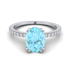 Platinum Oval Aquamarine Simple French Pave Double Claw Prong แหวนหมั้นเพชร -1/6ctw