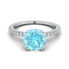 14K สีขาวทอง Round Brilliant Aquamarine Simple French Pave Double Claw PRONG แหวนหมั้นเพชร -1/6ctw