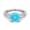 18K สีขาวทอง Round Brilliant Swiss Blue Topaz Simple French Pave Double Claw PRONG แหวนหมั้นเพชร -1/6ctw