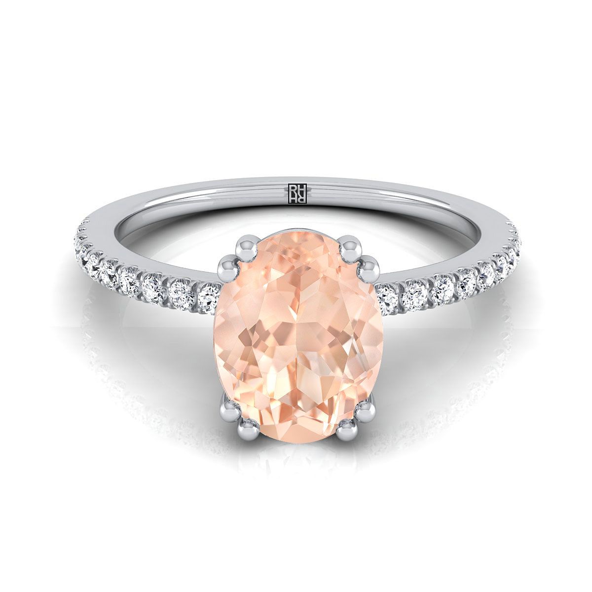 18K สีขาวทองรูปไข่ Morganite Simple French Pave Double Claw PRONG แหวนหมั้นเพชร -1/6ctw