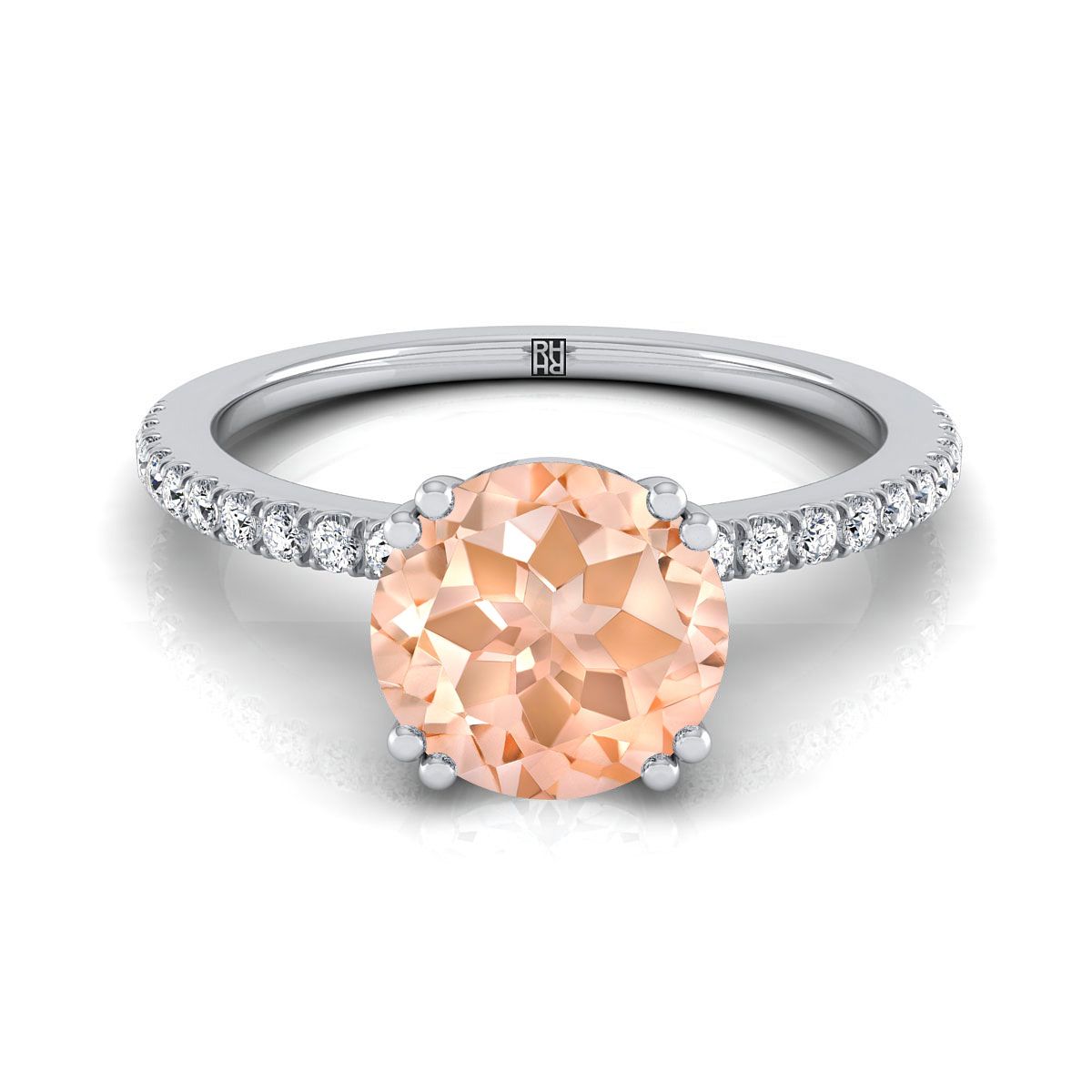 14K สีขาวทอง Round Brilliant Morganite Simple French Pave Double Claw PRONG แหวนหมั้นเพชร -1/6ctw