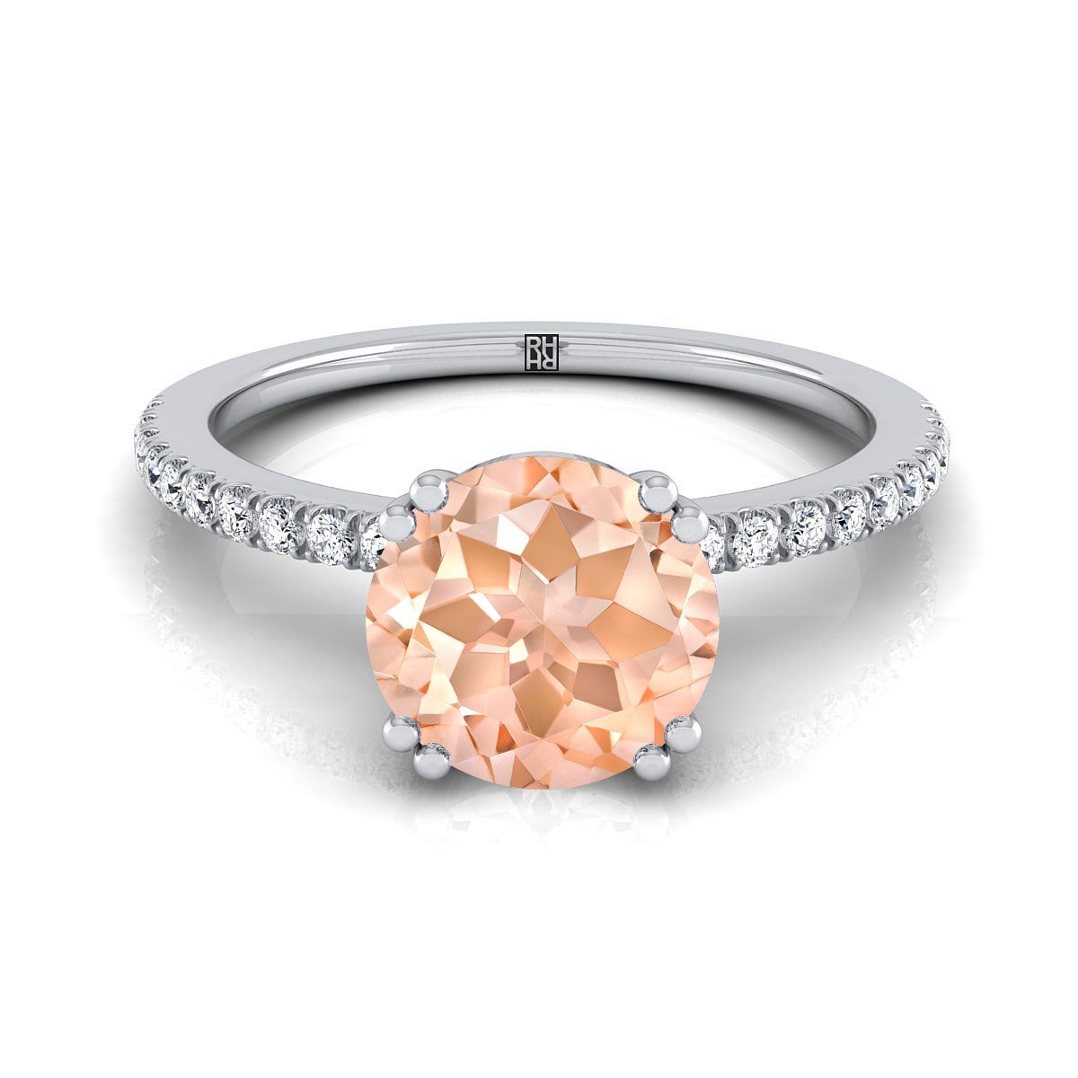 18K สีขาวทอง Round Brilliant Morganite Simple French Pave Double Claw PRONG แหวนหมั้นเพชร -1/6ctw
