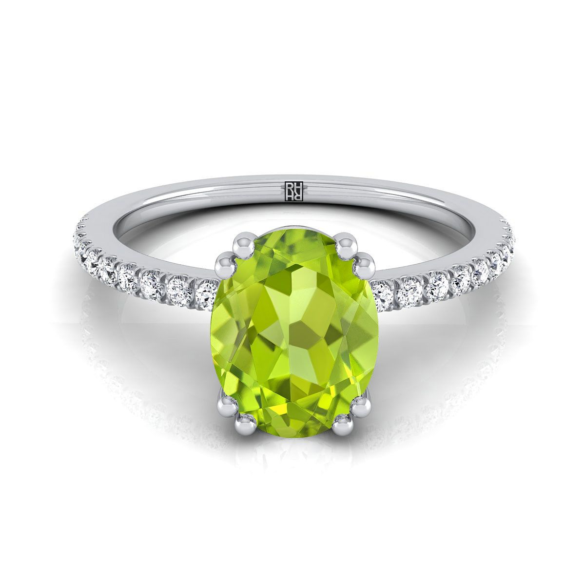 14K สีขาวทองรูปไข่ Peridot Simple French Pave Double Claw PRONG แหวนหมั้นเพชร -1/6ctw