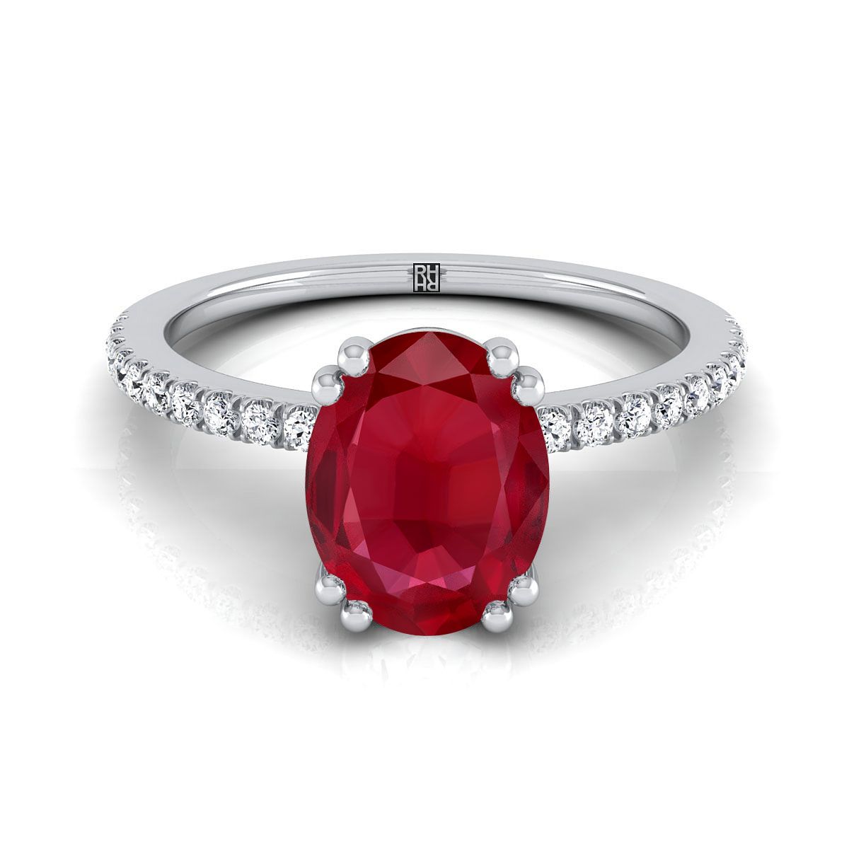 แหวนหมั้นเพชร 18K White Gold Oval Ruby Simple French Pave Double Claw Prong Diamond -1/6ctw