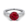 18K สีขาวทอง Round Brilliant Ruby Simple French Pave Double Claw PRONG แหวนหมั้นเพชร -1/6ctw