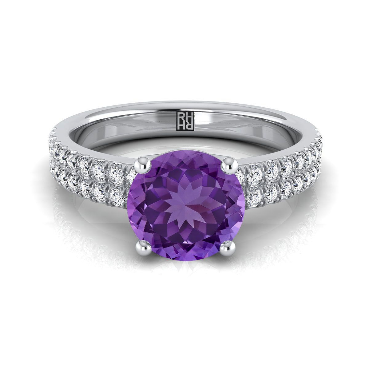 18K White Gold Round Brilliant Amethyst Double Pave Diamondแถวแหวนหมั้น -1/4ctw