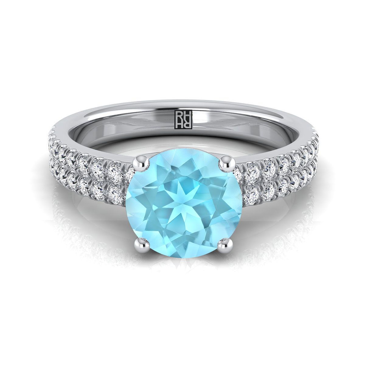 แหวนหมั้นเพชรแถว 14K White Gold Round Brilliant Aquamarine Double Pave -1/4ctw