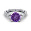 18K สีขาวทอง Round Brilliant Amethyst สองแถว Double Prong French Pave แหวนหมั้นเพชร -1/6ctw