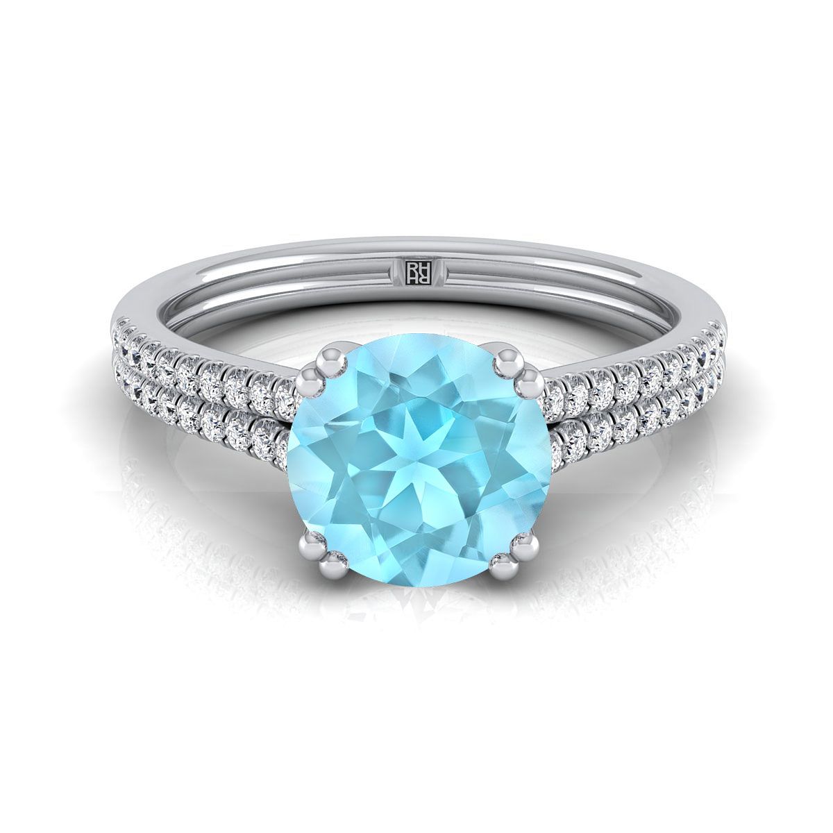 14K สีขาวทอง Round Brilliant Aquamarine สองแถว Double Prong French Pave แหวนหมั้นเพชร -1/6ctw