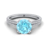 18K สีขาวทอง Round Brilliant Aquamarine สองแถว Double Prong French Pave แหวนหมั้นเพชร -1/6ctw