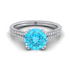 18K สีขาวทอง Round Brilliant Swiss Blue Topaz สองแถว Double Prong French Pave แหวนหมั้นเพชร -1/6ctw