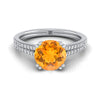 18K สีขาวทอง Round Brilliant Citrine สองแถว Double Prong French Pave แหวนหมั้นเพชร -1/6ctw