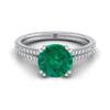 14K สีขาวทอง Round Brilliant Emerald สองแถว Double Prong French Pave แหวนหมั้นเพชร -1/6ctw