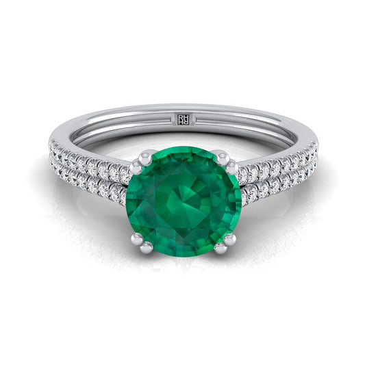 18K สีขาวทอง Round Brilliant Emerald สองแถว Double Prong French Pave แหวนหมั้นเพชร -1/6ctw