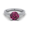 18K สีขาวทอง Round Brilliant Garnet สองแถว Double Prong French Pave แหวนหมั้นเพชร -1/6ctw