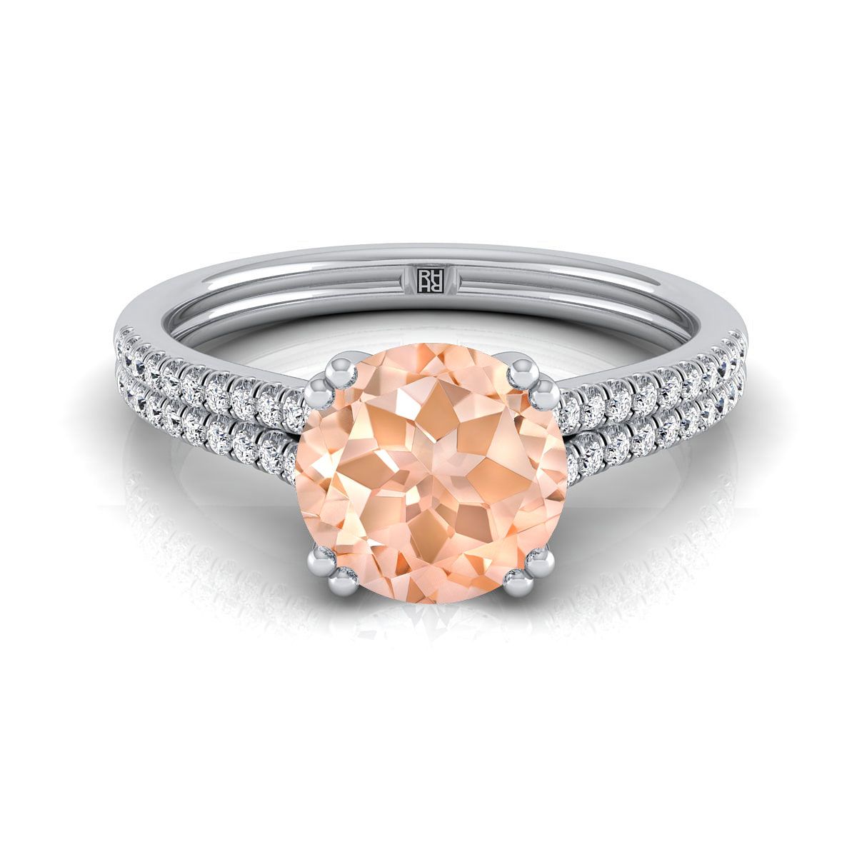 14K สีขาวทอง Round Brilliant Morganite สองแถว Double Prong French Pave แหวนหมั้นเพชร -1/6ctw