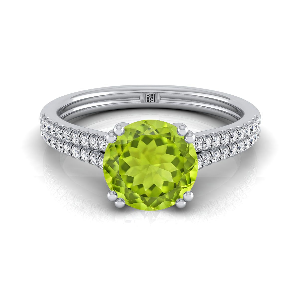 14K สีขาวทอง Round Brilliant Peridot สองแถว Double Prong French Pave แหวนหมั้นเพชร -1/6ctw