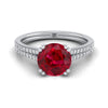 18K สีขาวทอง Round Brilliant Ruby สองแถว Double Prong French Pave แหวนหมั้นเพชร -1/6ctw