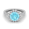 14K สีขาวทอง Round Brilliant Aquamarine Petite Halo แหวนหมั้นเพชรฝรั่งเศส Pave -3/8ctw