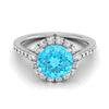 14K สีขาวทอง Round Brilliant Swiss Blue Topaz Petite Halo ภาษาฝรั่งเศสคำเพชร Pave แหวนหมั้น -3/8ctw