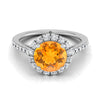 18K สีขาวทอง Round Brilliant Citrine Petite Halo แหวนหมั้นเพชรฝรั่งเศส Pave -3/8ctw